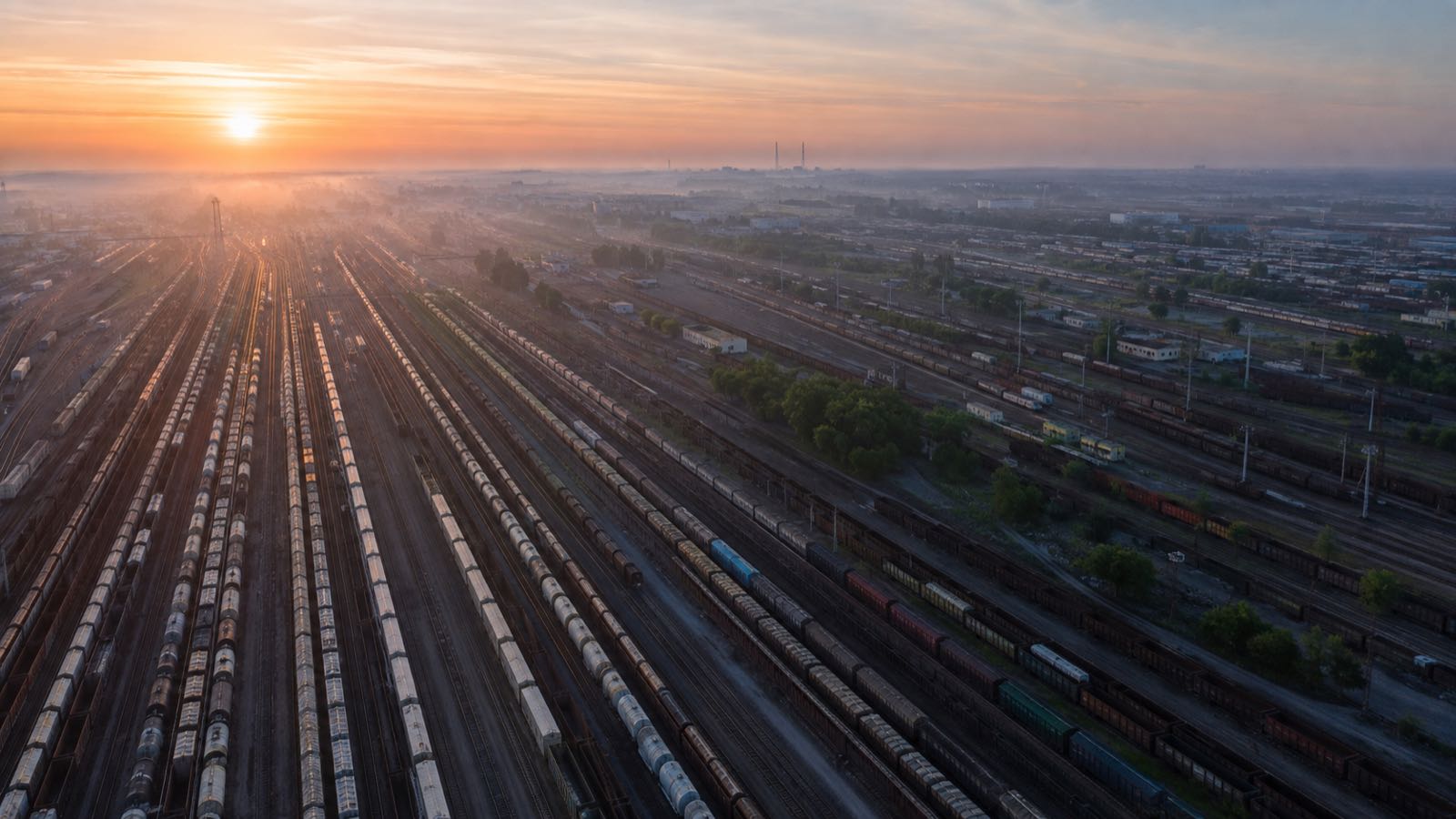 Железнодорожный парк сверху на рассвете: десятки путей уходят в дымку у горизонта